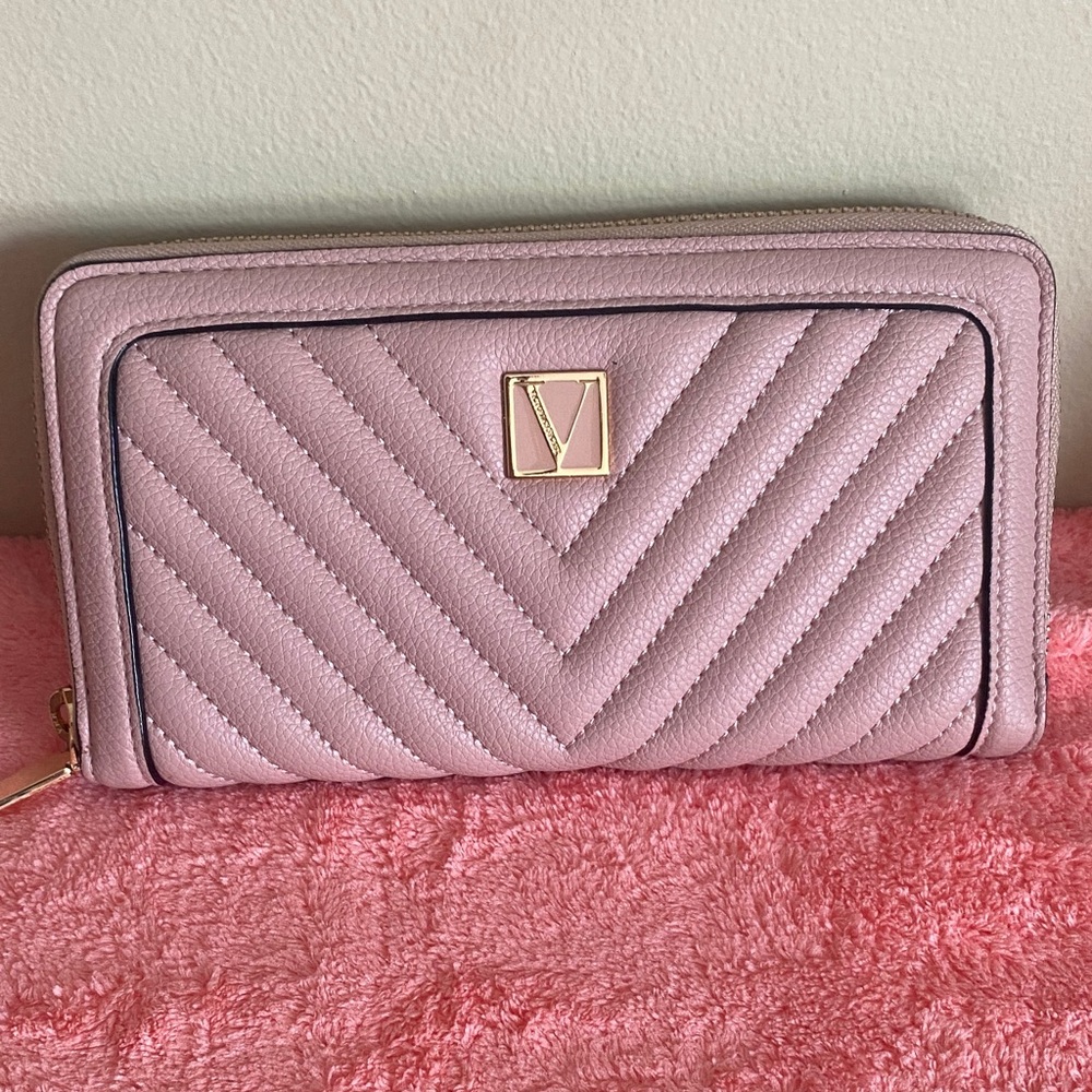 Quilted Pink Zip-Around Wallet with Gold Accent